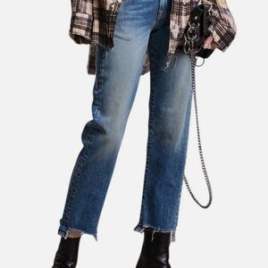 R13 Women's Mid Blue Distressed Cropped Jeans